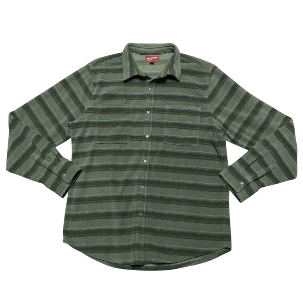 Arizona Long Sleeve Shacket Womens L Green Stripes Button Up Fleece Unisex Shirt